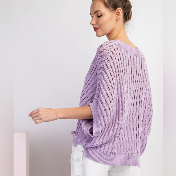 EESOME Crochet Knit Open Weave Dolman Short Sleeve Boho Top In Lavender Purple - Picture 3 of 6